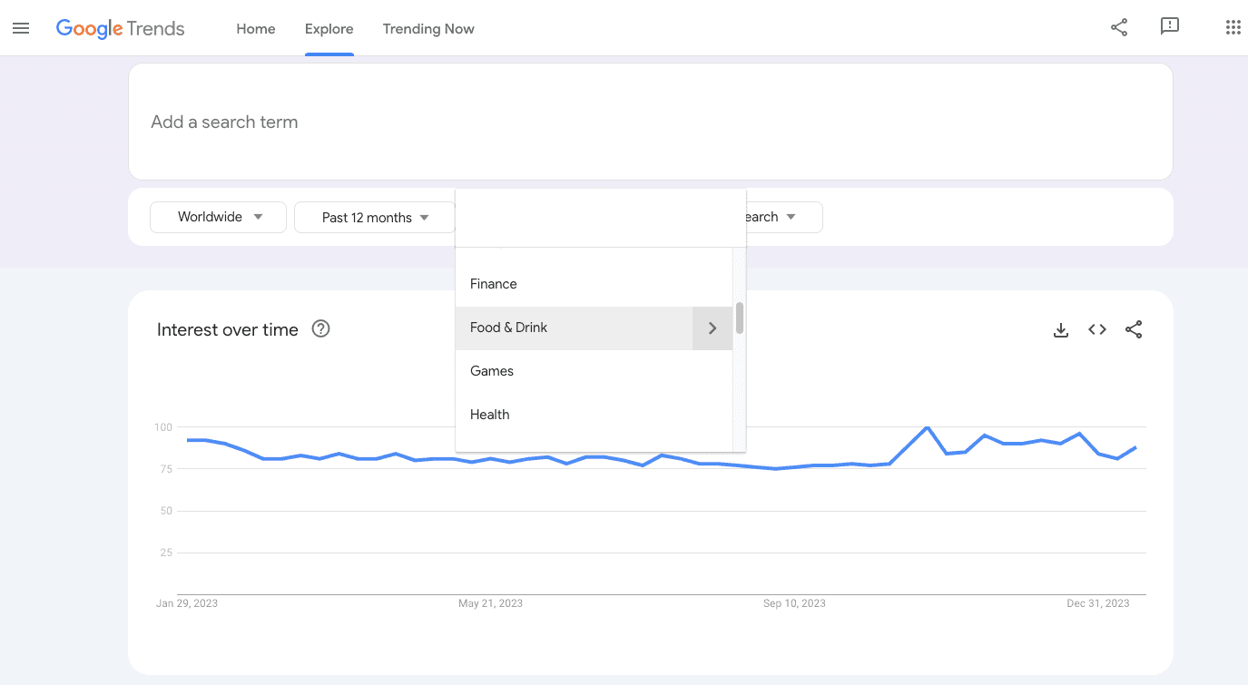 Google Trends allows you to find products using filters. There are four filters: Country Time frame Category Search type We usually start by doing a worldwide search over 12 months. Then, we change the category. When you search for a category, it will show a graph with the interest over time. Underneath the graph, it shows both search topics and search queries. This is what we’re looking for.